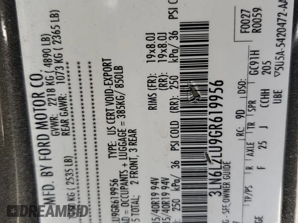 2016 Lincoln MKZ Hybrid with VIN 3LN6L2LU9GR619956, listed as a Copart auction lot 62873825 with 252,560 mi miles and Salvage title. Bid and sale history available at DreamBid. Image 12.
