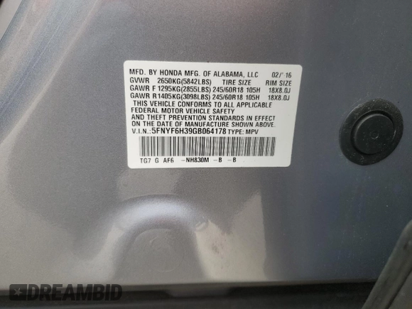 2016 Honda Pilot EX with VIN 5FNYF6H39GB064178, listed as a Copart auction lot 51789475 with 103,969 mi miles and Salvage Title. Bid and sale history available at DreamBid. Image 13.