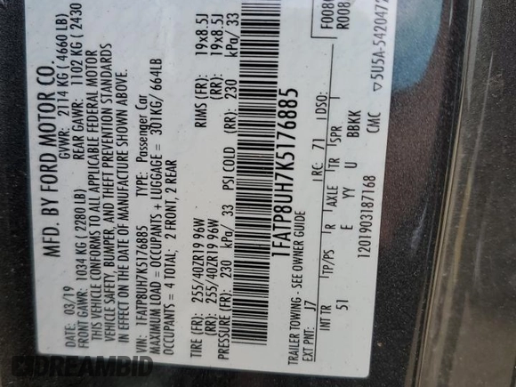 2019 Ford Mustang EcoBoost with VIN 1FATP8UH7K5176885, listed as a Copart auction lot 56626555 with 68,243 mi miles and Salvage title. Bid and sale history available at DreamBid. Image 12.