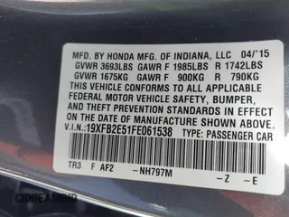 2015 Honda Civic Sedan LX with VIN 19XFB2E51FE061538, listed as a IAAI auction lot 41761473 with 113,404 mi miles. Bid and sale history available at carsss.com. Image 9.