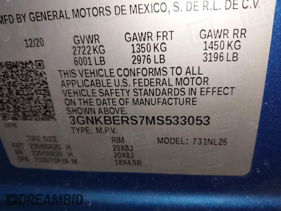 2021 Chevrolet Blazer RS with VIN 3GNKBERS7MS533053, listed as a IAAI auction lot 41931579 with 65,053 mi miles and . Bid and sale history available at DreamBid. Image 9.