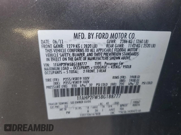 2011 Ford Taurus Limited with VIN 1FAHP2FW5BG188777, listed as a Copart auction lot 46672855 with 157,684 mi miles and Clean Title. Bid and sale history available at DreamBid. Image 12.