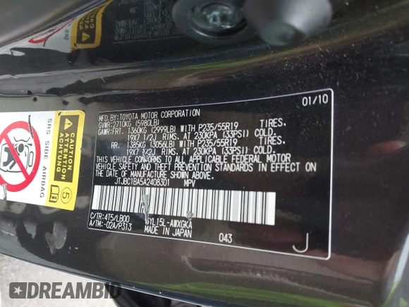 2010 Lexus RX 450h with VIN JTJBC1BA5A2408301, listed as a IAAI auction lot 41933774 with 264,134 mi miles and . Bid and sale history available at DreamBid. Image 9.