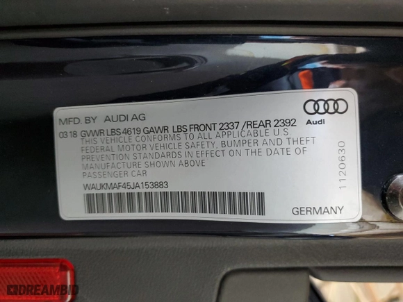 2018 Audi A4 Premium with VIN WAUKMAF45JA153883, listed as a Copart auction lot 47005145 with 86,726 mi miles and Salvage Title. Bid and sale history available at carsss.com. Image 12.