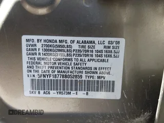 2008 Honda Pilot EX-L with VIN 5FNYF18778B052859, listed as a IAAI auction lot 41695095 with 249,207 mi miles and . Bid and sale history available at DreamBid. Image 9.