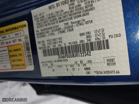 2018 Ford Fusion Hybrid S with VIN 3FA6P0UU8JR122342, listed as a IAAI auction lot 41355323 with 85,304 mi miles. Bid and sale history available at carsss.com. Image 9.