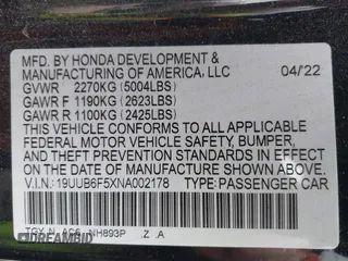 2022 Acura TLX w/A-Spec Package with VIN 19UUB6F5XNA002178, listed as a IAAI auction lot 41850627 with 68,762 mi miles and . Bid and sale history available at DreamBid. Image 9.