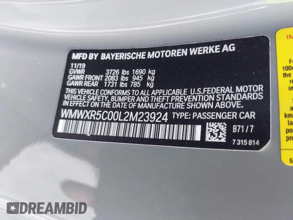 2020 MINI Hardtop Cooper S z VIN WMWXR5C00L2M23924, wystawiony jako IAAI lot #41520706 z przebiegiem 123 006 mil mil oraz . Historia ofert i sprzedaży dostępna na DreamBid. Obrazek 9.