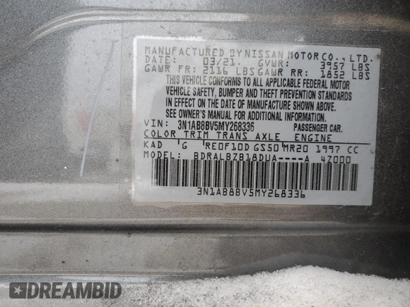 2021 Nissan Sentra S with VIN 3N1AB8BV5MY268336, listed as a Copart auction lot 41856315 with 56,640 mi miles and Salvage Title. Bid and sale history available at DreamBid. Image 12.