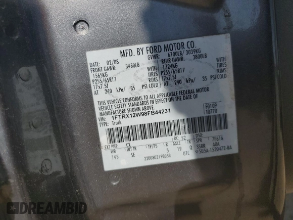 2008 Ford F-150 STX with VIN 1FTRX12W98FB44231, listed as a Copart auction lot 51454675 with 264,162 mi miles and Clean Title. Bid and sale history available at carsss.com. Image 12.