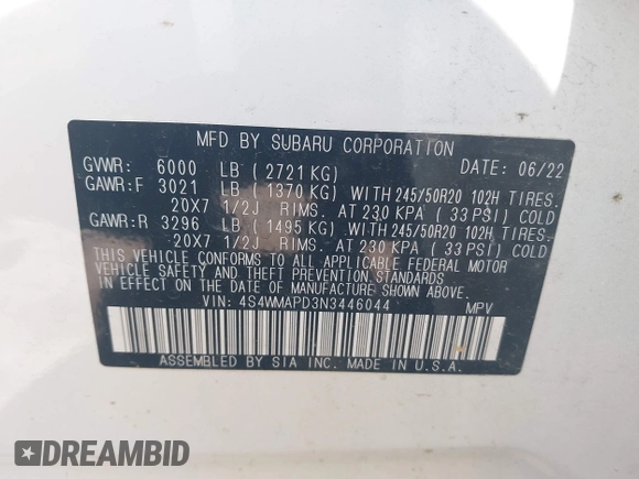 2022 Subaru Ascent Limited with VIN 4S4WMAPD3N3446044, listed as a IAAI auction lot 42343158 with 62,215 mi miles and . Bid and sale history available at DreamBid. Image 9.