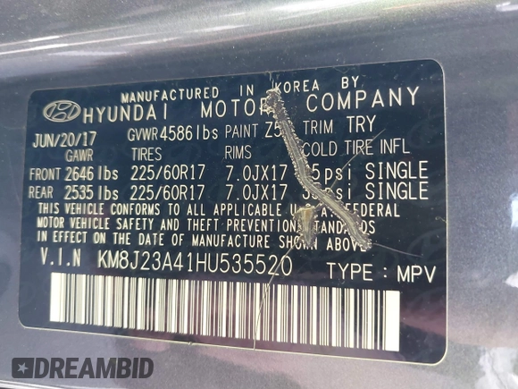 2017 Hyundai Tucson SE with VIN KM8J23A41HU535520, listed as a IAAI auction lot 41858164 with 85,200 mi miles and . Bid and sale history available at DreamBid. Image 9.