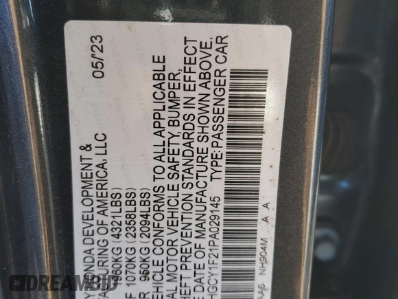 2023 Honda Accord Sedan LX with VIN 1HGCY1F21PA029145, listed as a Copart auction lot 45040155 with 37,713 mi miles and Salvage Title. Bid and sale history available at carsss.com. Image 12.