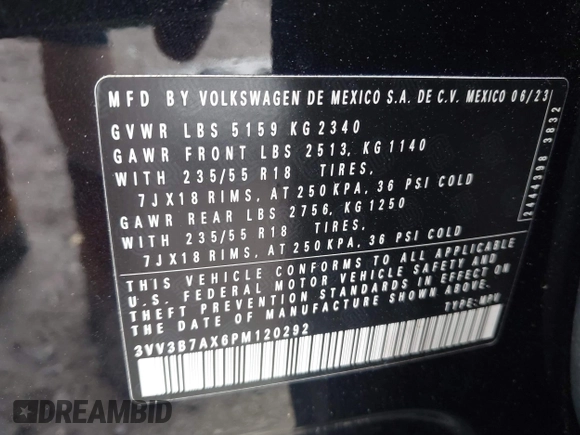 2023 Volkswagen Tiguan SE with VIN 3VV3B7AX6PM120292, listed as a IAAI auction lot 42231082 with 24,045 mi miles and . Bid and sale history available at DreamBid. Image 9.