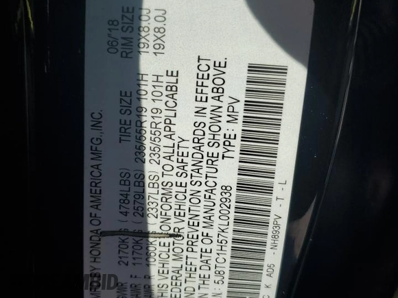 2019 Acura RDX Technology z VIN 5J8TC1H57KL002938, wystawiony jako Copart lot #59406565 z przebiegiem 126 296 mil mil oraz Szkoda całkowita • Salvage title. Historia ofert i sprzedaży dostępna na DreamBid. Obrazek 13.