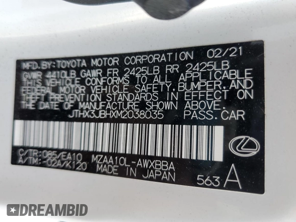 2021 Lexus UX 200 с VIN JTHX3JBHXM2038035, выставлен на аукционе Copart как лот 51871825 с пробегом 23 083 миль миль и Списание • Salvage title. История ставок и продаж доступна на DreamBid. Изображение 12.