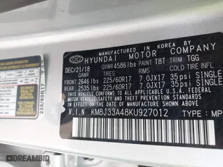 2019 Hyundai Tucson Value with VIN KM8J33A48KU927012, listed as a IAAI auction lot 41515397 with 62,501 mi miles. Bid and sale history available at carsss.com. Image 9.