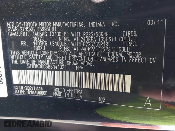 2011 Toyota Sienna XLE AAS with VIN 5TDYK3DC5BS141021, listed as a IAAI auction lot 41538641 with 127,805 mi miles and . Bid and sale history available at DreamBid. Image 9.