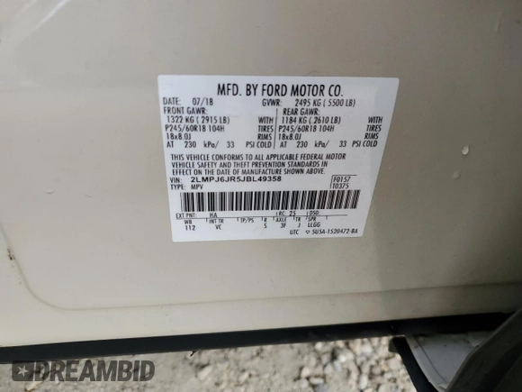 2018 Lincoln MKX Premiere with VIN 2LMPJ6JR5JBL49358, listed as a Copart auction lot 74993664 with 67,016 mi miles and Non Repairable. Bid and sale history available at carsss.com. Image 14.
