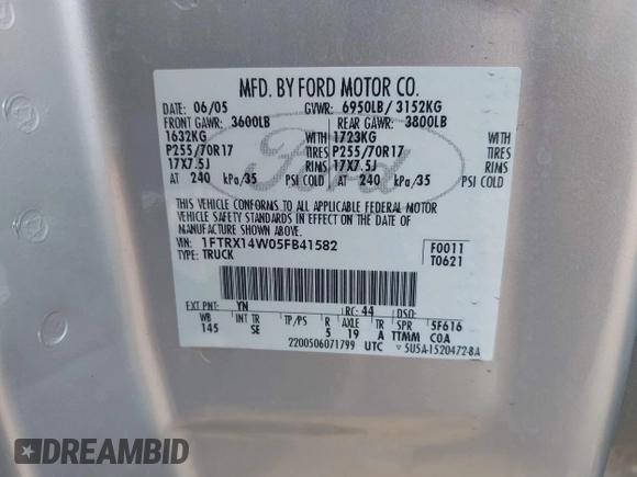 2005 Ford F-150 STX with VIN 1FTRX14W05FB41582, listed as a IAAI auction lot 42545331 with 111,555 mi miles and . Bid and sale history available at DreamBid. Image 9.