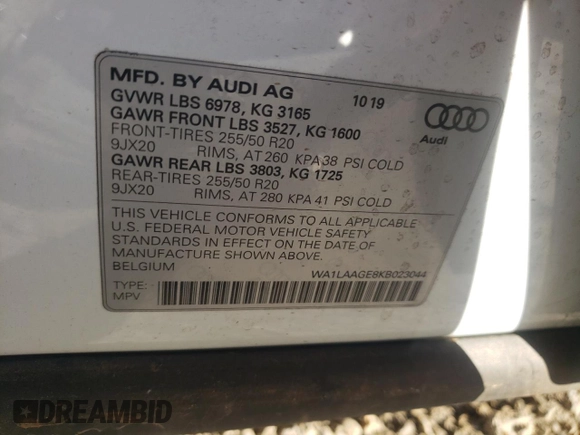 2019 Audi e-tron Premium Plus z VIN WA1LAAGE8KB023044, wystawiony jako Copart lot #65037782 z przebiegiem Nie podano mil oraz . Historia ofert i sprzedaży dostępna na DreamBid. Obrazek 10.