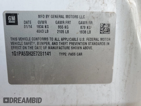 2014 Chevrolet Cruze LS with VIN 1G1PA5SH2E7281141, listed as a Copart auction lot 55183335 with 145,066 mi miles and Clean Title. Bid and sale history available at carsss.com. Image 12.