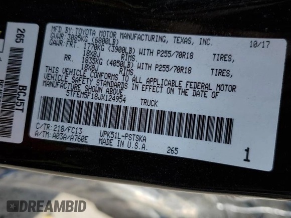 2018 Toyota Tundra 2WD SR5 with VIN 5TFEM5F18JX124954, listed as a Copart auction lot 46666015 with 101,300 mi miles and Salvage Title. Bid and sale history available at carsss.com. Image 12.