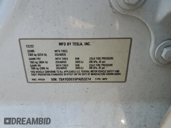2023 Tesla Model Y Long Range with VIN 7SAYGDEE6PA053274, listed as a Copart auction lot 52865175 with Not Provided miles and Salvage Title. Bid and sale history available at DreamBid. Image 12.
