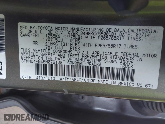 2014 Toyota Tacoma with VIN 3TMMU4FN4EM072128, listed as a IAAI auction lot 42479725 with 287,877 mi miles and . Bid and sale history available at DreamBid. Image 9.