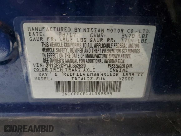 2018 Nissan Note SV с VIN 3N1CE2CP1JL352529, выставлен на аукционе Copart как лот 55645875 с пробегом 91 761 миль миль и Списание • Salvage title. История ставок и продаж доступна на DreamBid. Изображение 13.