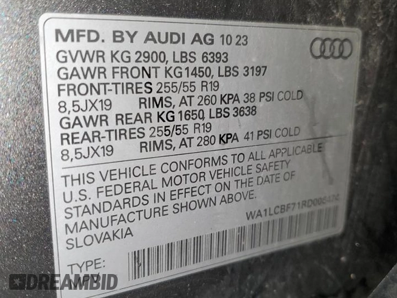 2024 Audi Q7 Premium Plus with VIN WA1LCBF71RD006474, listed as a Copart auction lot 62633915 with 33,316 mi miles and Clean title. Bid and sale history available at DreamBid. Image 13.