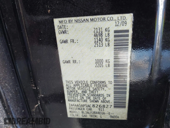 2010 Nissan Maxima SV with VIN 1N4AA5AP5AC826827, listed as a IAAI auction lot 42538366 with 211,145 mi miles and . Bid and sale history available at DreamBid. Image 9.