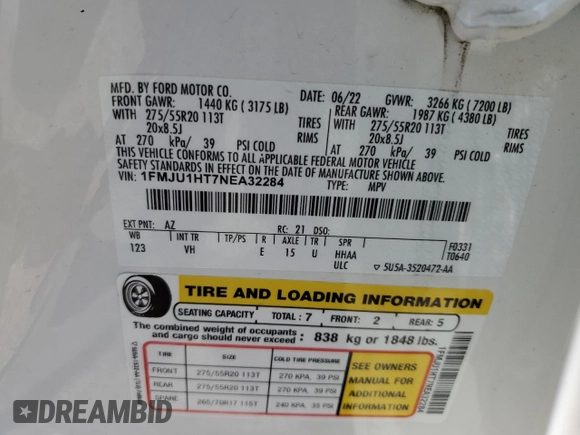 2022 Ford Expedition XLT with VIN 1FMJU1HT7NEA32284, listed as a Copart auction lot 61498915 with 23,510 mi miles and Salvage title. Bid and sale history available at DreamBid. Image 13.