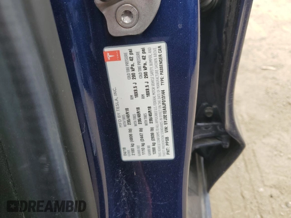 2018 Tesla Model 3 Long Range Battery with VIN 5YJ3E1EA9JF013144, listed as a Copart auction lot 53880835 with Not Provided miles and Salvage Title. Bid and sale history available at DreamBid. Image 12.