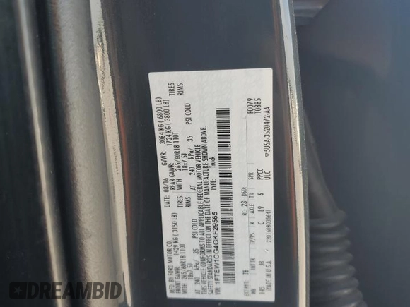 2016 Ford F-150 XL with VIN 1FTEW1CG4GKF29565, listed as a Copart auction lot 52679695 with 180,917 mi miles and Salvage Title. Bid and sale history available at DreamBid. Image 15.