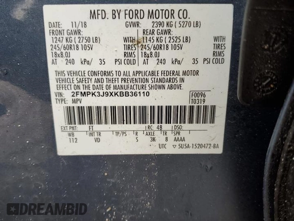 2019 Ford Edge SEL with VIN 2FMPK3J9XKBB36110, listed as a Copart auction lot 43205715 with 79,594 mi miles and Clean Title. Bid and sale history available at carsss.com. Image 14.