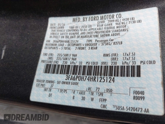 2017 Ford Fusion SE with VIN 3FA6P0H74HR125124, listed as a IAAI auction lot 42169417 with 121,069 mi miles and . Bid and sale history available at DreamBid. Image 9.