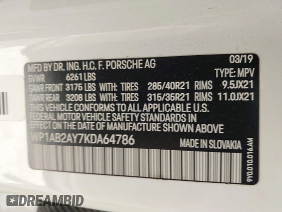 2019 Porsche Cayenne S with VIN WP1AB2AY7KDA64786, listed as a IAAI auction lot 41827520 with 75,785 mi miles and . Bid and sale history available at DreamBid. Image 9.