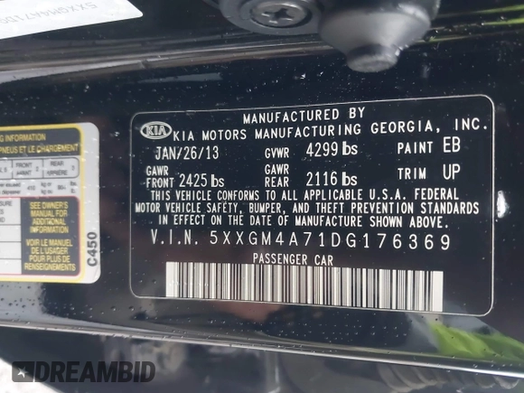 2013 Kia Optima LX with VIN 5XXGM4A71DG176369, listed as a IAAI auction lot 41875304 with 1 mi miles. Bid and sale history available at carsss.com. Image 9.