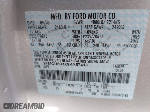 2009 Ford Escape Hybrid с VIN 1FMCU593X9KA57413, выставлен на аукционе IAAI как лот 41895313 с пробегом Не указан миль и . История ставок и продаж доступна на DreamBid. Изображение 9.