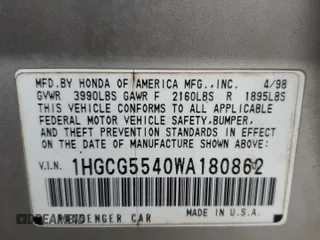 1998 Honda Accord LX with VIN 1HGCG5540WA180862, listed as a Copart auction lot 87071084 with 394,803 mi miles and Salvage title. Bid and sale history available at DreamBid. Image 14.