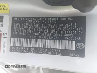 2012 Toyota Camry L with VIN 4T1BF1FK8CU124077, listed as a IAAI auction lot 41858808 with 123,444 mi miles. Bid and sale history available at carsss.com. Image 9.