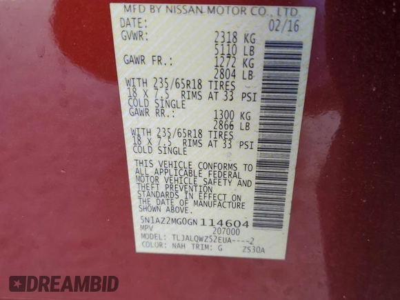 2016 Nissan Murano SV with VIN 5N1AZ2MG0GN114604, listed as a Copart auction lot 53262765 with Not Provided miles and Salvage Title. Bid and sale history available at carsss.com. Image 14.
