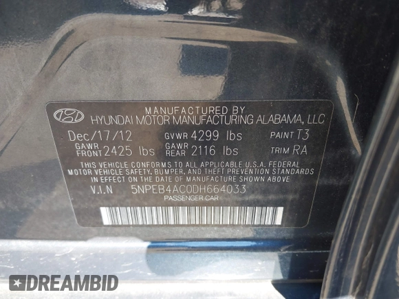 2013 Hyundai Sonata GLS z VIN 5NPEB4AC0DH664033, wystawiony jako IAAI lot #41700987 z przebiegiem 106 266 mil mil oraz . Historia ofert i sprzedaży dostępna na DreamBid. Obrazek 9.