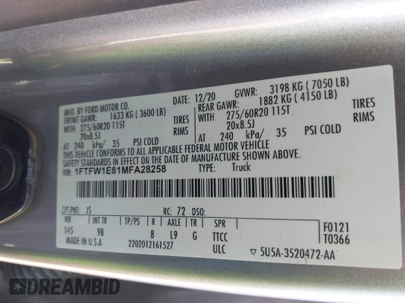 2021 Ford F-150 XL with VIN 1FTFW1E81MFA28258, listed as a IAAI auction lot 42402411 with 119,492 mi miles and . Bid and sale history available at DreamBid. Image 9.