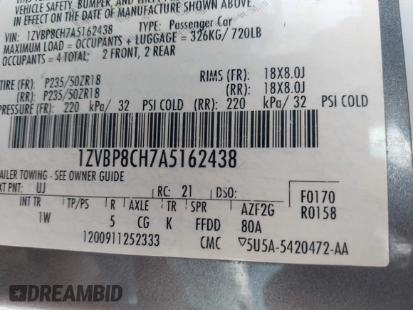 2010 Ford Mustang GT with VIN 1ZVBP8CH7A5162438, listed as a IAAI auction lot 42266967 with 120,272 mi miles and . Bid and sale history available at DreamBid. Image 9.