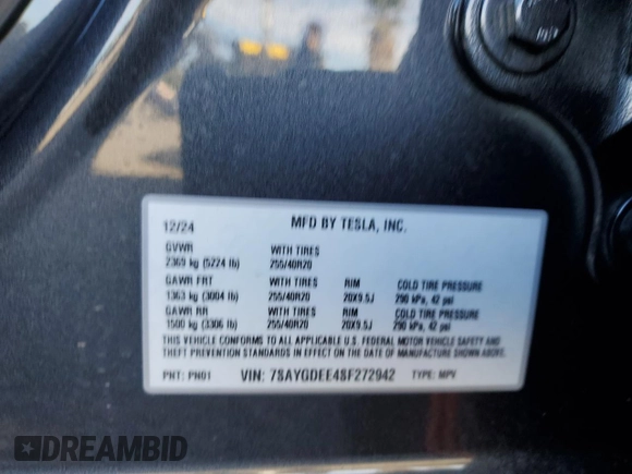 2025 Tesla Model Y Long Range with VIN 7SAYGDEE4SF272942, listed as a Copart auction lot 45817885 with 2,308 mi miles and Salvage Title. Bid and sale history available at DreamBid. Image 15.