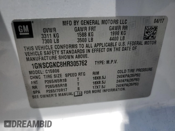 2017 Chevrolet Suburban LS с VIN 1GNSCGKC8HR305762, выставлен на аукционе Copart как лот 57514275 с пробегом 111 928 миль миль и Списание • Salvage title. История ставок и продаж доступна на DreamBid. Изображение 13.