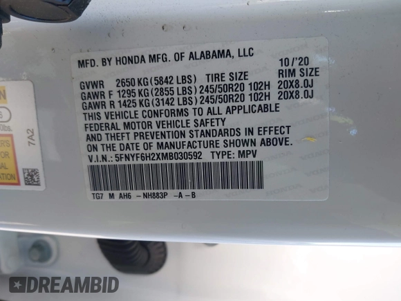 2021 Honda Pilot Special Edition with VIN 5FNYF6H2XMB030592, listed as a IAAI auction lot 41479543 with 16,433 mi miles and . Bid and sale history available at DreamBid. Image 9.