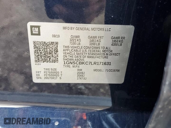 2020 Chevrolet Tahoe LT with VIN 1GNSCBKC7LR171631, listed as a Copart auction lot 56378125 with Not provided miles and Salvage title. Bid and sale history available at DreamBid. Image 13.